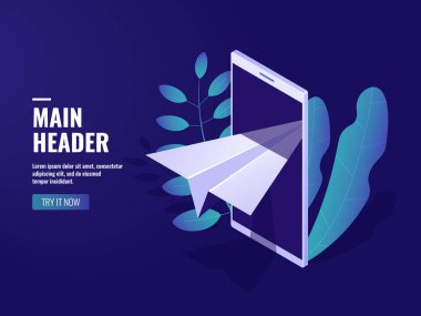 Çevrimiçi pazarlama, gelen mesaj, kağıt uçak, cep telefonu, internet reklamcılığı konsepti izometrik vektör karanlık neon