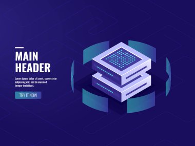 Büyük veri işleme ve hesaplama süreci, sunucu odası, ağ sunucu odası, veritabanı izometrik vektör koyu neon