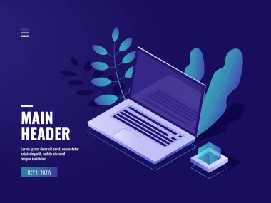 İşyeri ofis içi, ev bitkisi olan laptop, bilgisayarda çalışma konsepti, web geliştirme web sitesi ve uygulamaları, sunucu odası veritabanı izometrik vektör koyu neon