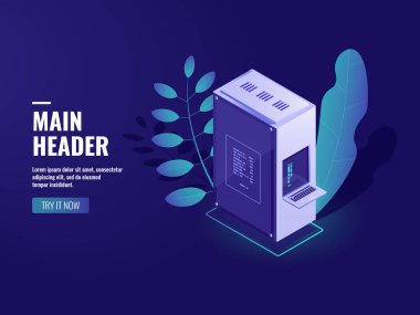 Yapay zeka otomatik işlem büyük veri işleme, sunucu odası, hesaplama gücü, yazılım geliştirme, program kod gözden geçirme, modern akıllı teknolojiler iş izometrik vektörü neon koyu