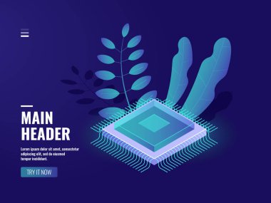 Mikro elektronik bilgisayar çipi simgesi, veri hesaplama süreci, sunucu odası, bulut deposu, veritabanı, geleceğin dijital teknolojisi, izometrik illüstrasyon vektörü neon koyu