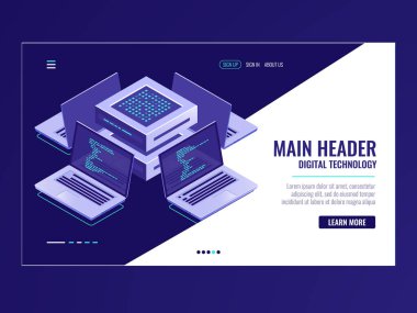 Yapay zeka otomatik işlem büyük veri işleme, sunucu odası, hesaplama gücü, yazılım geliştirme, program kod gözden geçirme, modern akıllı teknolojiler iş izometrik vektörü neon koyu