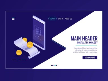 Para, para, nakit işlem, ödeme online izometrik vektör ultraviyole elektronik fatura işlemleri