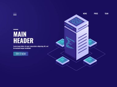 Sunucu odası izometrik büyük veri işleme, bulut depolama, engelleme teknolojisi, veri merkezi ve veritabanı bağlantısı, ağ izometrik illüstrasyon vektörü neon koyu