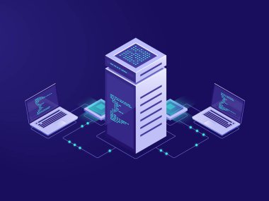 Büyük veri işleme kavramı, sunucu odası, blockchain teknoloji belirteci erişim, veri merkezi ve veritabanı, ağ bağlantısı izometrik çizim vektör neon karanlık