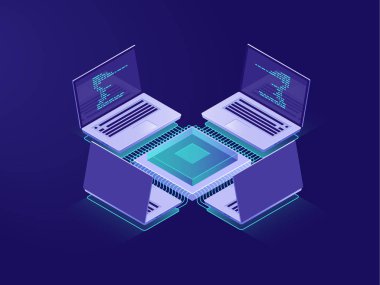 Sunucu odası, yapay zeka, büyük veri işleme, çevrimiçi bankacılık işlemleri, veri şifreleme, ağ kavrama, dizüstü bilgisayarlı ağ, izometrik illüstrasyon vektörü neon koyu