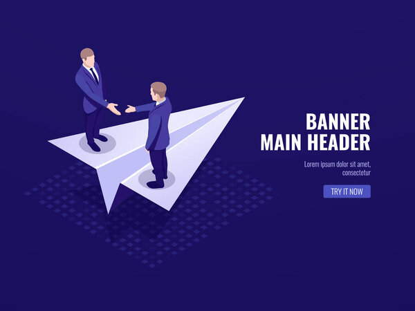 Startup icon, concept of business deal and successful strategy plan, two businessmen stay on paper aircraft isometric vector dark neon