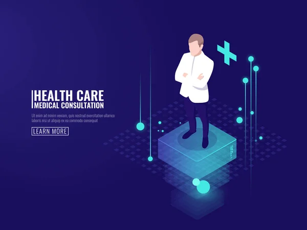 Smart technology in healthcare, doctor stay on platform, online medical consultation isometric vector dark neon