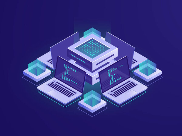 Artificial intelligence isometric icon, server room, datacenter and database concept, code repository access, programm app development vector neon dark