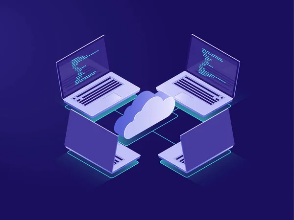 Vernetzung Mit Vier Laptops Internetverbindung Cloud Datenspeicherung Serverraum Backup Dateien — Stockvektor