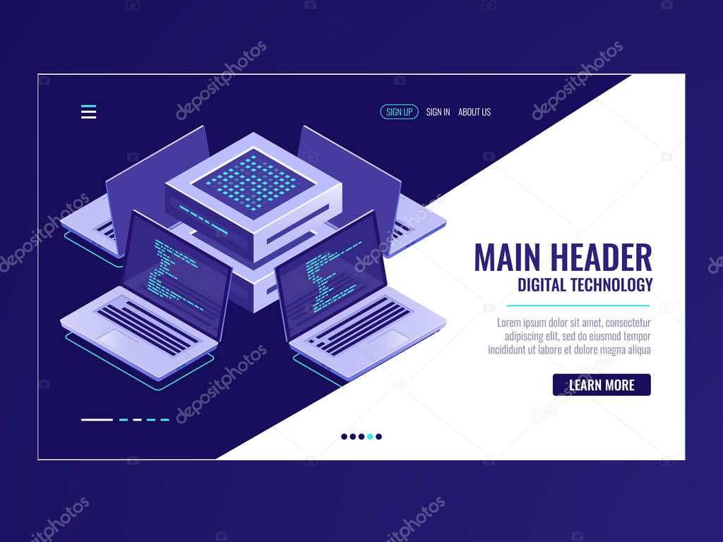 Artificial intelligence automated process big data processing, server room, computing power, software development, program code review, modern smart technologies in business isometric vector neon dark