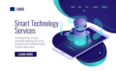 Akıllı teknoloji ikonu izometrik, yapay zeka robot asistanı, sohbet robotu, veri analiz vektörü