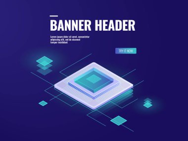 Dijital teknoloji, sunucu Oda izometrik simgesi, bilgisayar Merkezi işlemci Cpu, büyük veri işleme