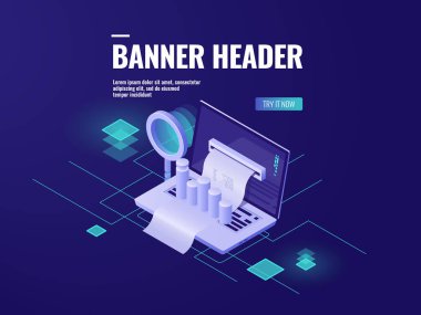 Büyük veri işleme ve analiz izometrik simgesi, akıllı iş teknolojisi, büyüteç ve grafik ile dizüstü bilgisayar