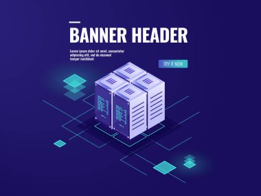 Sunucu Oda izometrik simgesi, büyük veri işleme, veri ambarı, bulut depolama teknolojisi 