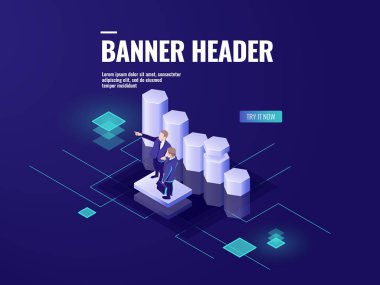 Veri analizi ve iş hayatinizda simgesi izometrik, takım çalışması, iki işadamları platformu üzerinde kal.