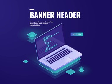 Program kodu dizüstü ekran izometrik vektör, ofis işleri, yazılım geliştirme ve veri istatistik ve analiz