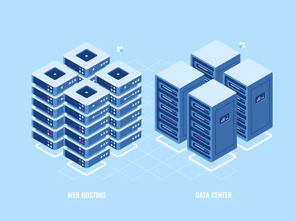 Web Hosting Server Rack Izometrické Banner Vektorové Ilustrace — Stockový vektor