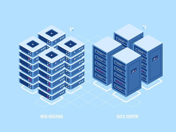 Web hosting server rack isometric banner, vector illustration