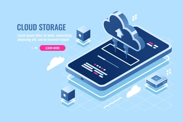 Mobile Application Isometric Icon Download File Smartphone Cloud Server Storage — Stok Vektör