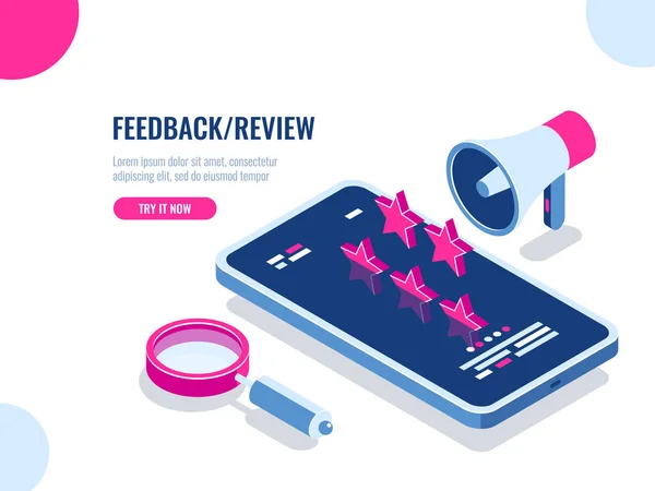 Feedback Och Granskning Mobil Applikation Isometrisk Banner Vektorillustration — Stock vektor