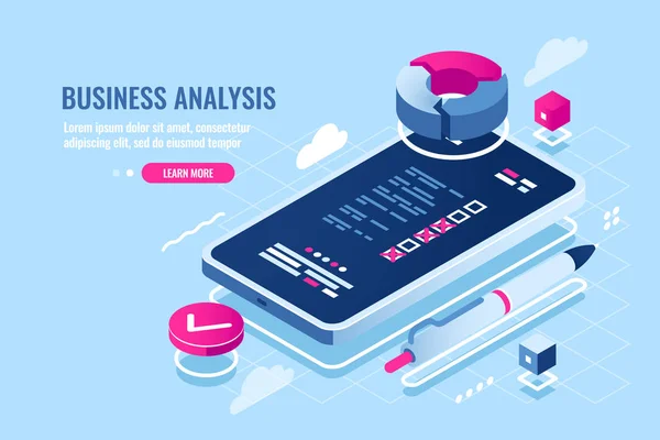 Online Organizer Auf Mobiltelefon Anwendung Isometrisches Banner Vektorillustration Vektorgrafiken