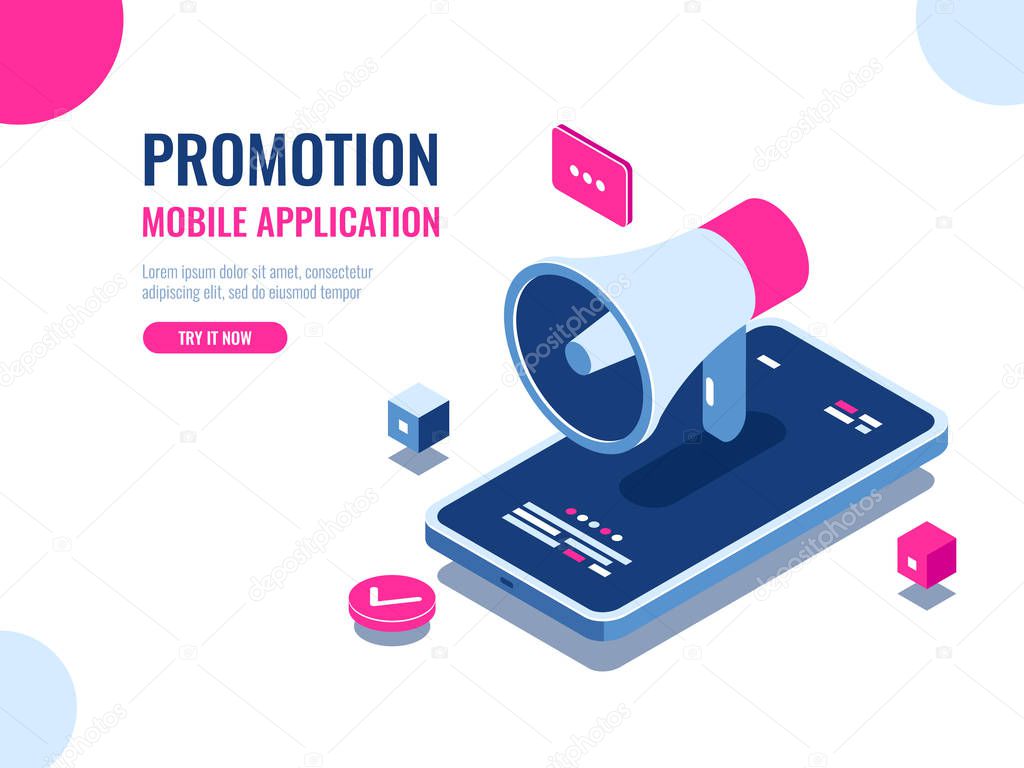 promotion mobile application isometric banner, vector illustration