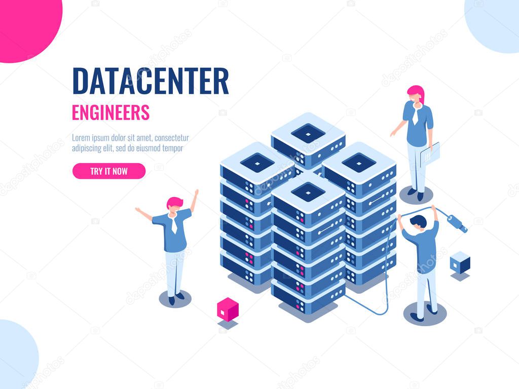 Server room rack, database and data center isometric banner, vector illustration