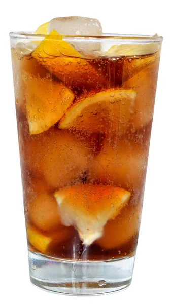 Bebida Cola Con Cubitos Hielo Naranja Rodajas Vaso Tubo Sobre — Foto de Stock