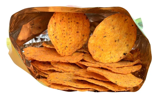 Kukorica Chips Csomagolásban Halom Közelről Elszigetelt Fehér Background — Stock Fotó