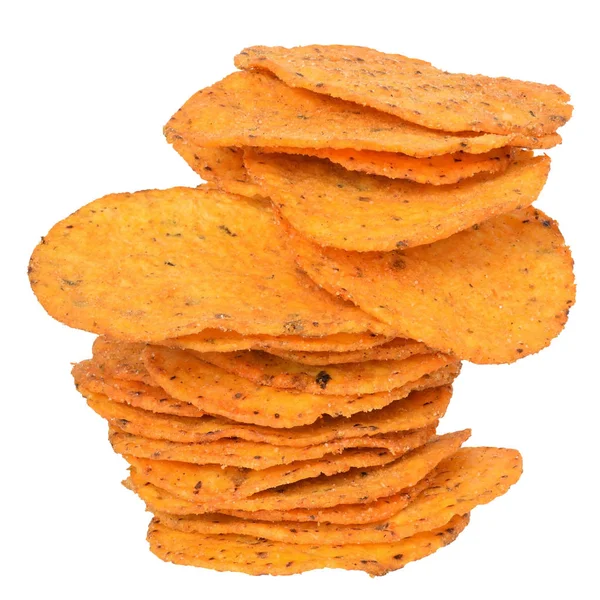 Stapel Van Maïs Chips Met Specerijen Close Geïsoleerd Witte Achtergrond — Stockfoto