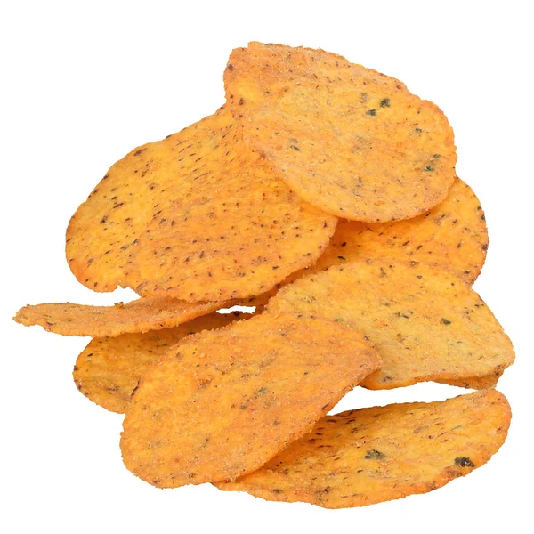Haufen Mais Chips Mit Gewürzen Nahaufnahme Isoliert Auf Weißem Hintergrund — Stockfoto