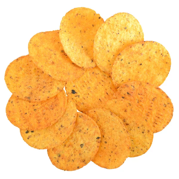 Stapel Van Maïs Chips Met Specerijen Top Bekijken Geïsoleerd Witte — Stockfoto