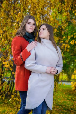 Portre iki güzel mutlu kız parkta bir yürüyüş için güneşli bir sonbahar gününde.