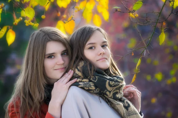 Portret Twee Prachtige Gelukkig Vriendinnen Een Zonnige Herfstdag Voor Een — Stockfoto