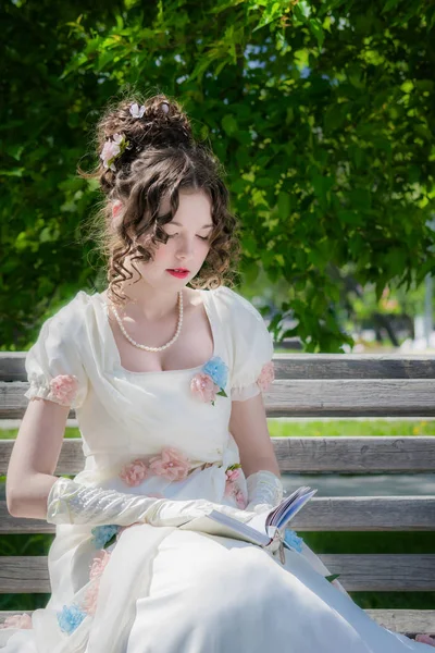 Young Girl Smart Long White Dress Reading Love Story Park — Stock Photo, Image