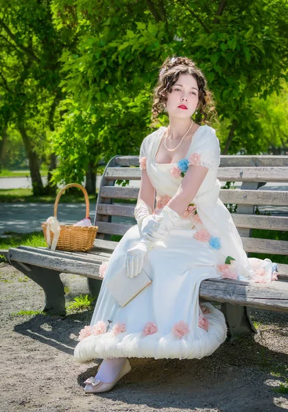 Young Girl Smart Long White Dress Reading Love Story Park — Stock Photo, Image