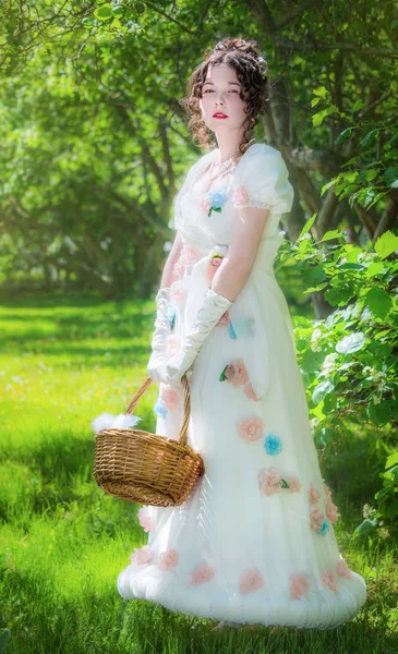 Beautiful Girl Historical Bride Dress Wicker Basket Her Hands Spring — Stock Photo, Image