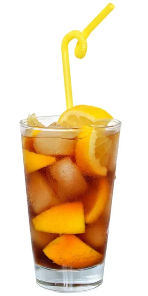 Bebida Cola Con Cubitos Hielo Naranja Rodajas Vaso Tubo Sobre — Foto de Stock