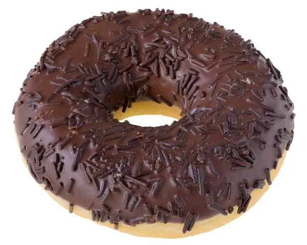 Donut Glaseado Chocolate Con Virutas Chocolate Aislado Vista Superior Fondo — Foto de Stock