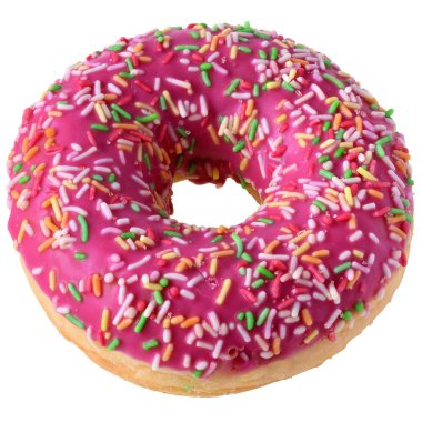 Çilekli donut pembe Isolated beyaz zemin üzerine krema ile kaplı. Üstten görünüm.