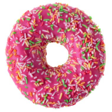 Çilekli donut pembe Isolated beyaz zemin üzerine krema ile kaplı. Üstten görünüm.