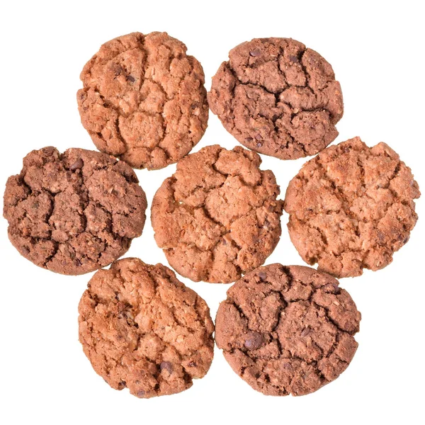 Ronde Muesli Koekjes Met Chocolade Boven Bekijken Geïsoleerd Witte Achtergrond — Stockfoto