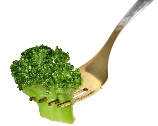 Fork Fresh Broccoli Isolated White Background — Stock Photo, Image