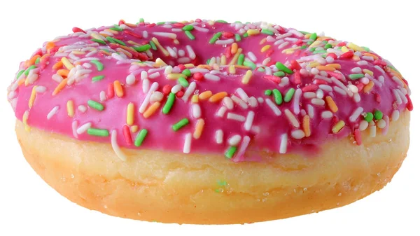 Çilekli Donut Pembe Isolated Beyaz Zemin Üzerine Krema Ile Kaplı — Stok fotoğraf