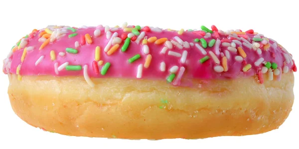 Aardbei Donut Bedekt Met Roze Ijsvorming Geïsoleerd Een Witte Achtergrond — Stockfoto