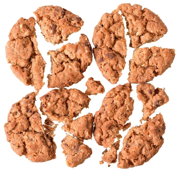 Pieces Crumbly Cookies Cereals Chocolate Top View Isolated White Background — Stock Photo, Image