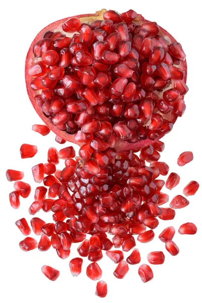 Cut Pomegranate Scattered Grain Top View Isolated White Background — Stock Photo, Image