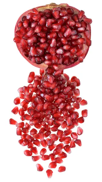 Cut Pomegranate Scattered Grain Top View Isolated White Background — Stock Photo, Image