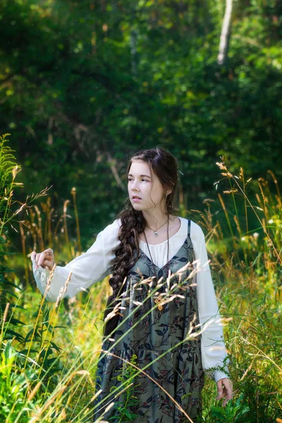 Carino Ragazza Campagna Con Una Lunga Treccia Una Giornata Sole — Foto Stock